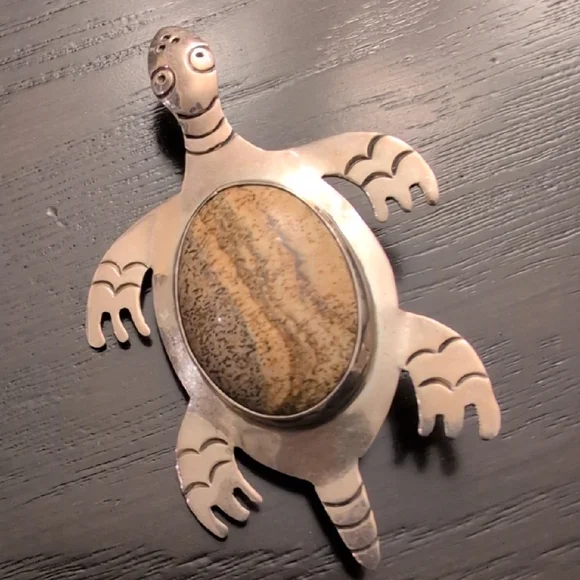 Cii 925 Mexico Sterling Silver Ocean Jasper Sea Turtle Brooch Pin Vintage - Picture 2 of 9